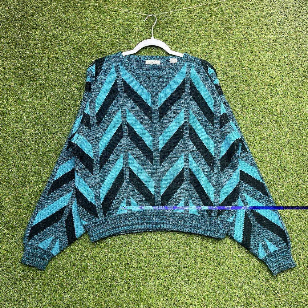 Vintage Koman Sweater Mens XL Colorful Geometric Abstract Pattern Coogi Blue 90s
